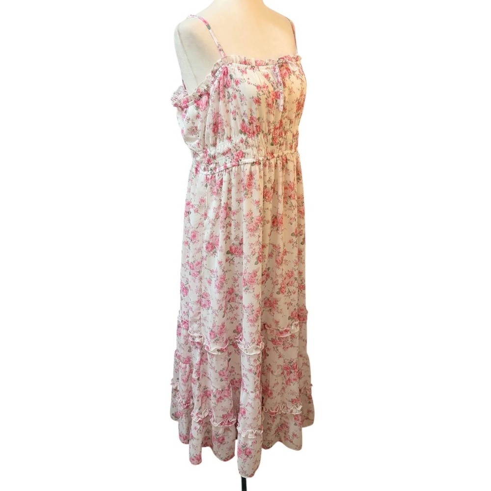 Lily Morgan Pink Floral Smocked Tiered Maxi Dress Large Cottagecore White Rose - Picture 5 of 12